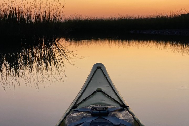 Kayak on calm water at sunset with reeds in the background.